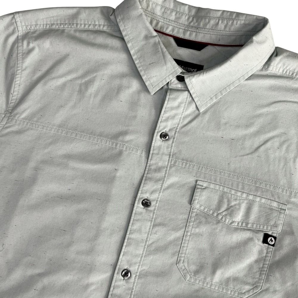 Marmot Short Sleeve Button Up Shirt‎ Mens XL Green Speckled Pocket Outdoor